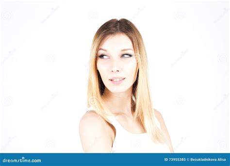 Sensual Attractive Blonde Woman Looking Away With A Smile Woman With Permanent Makeup Arrows