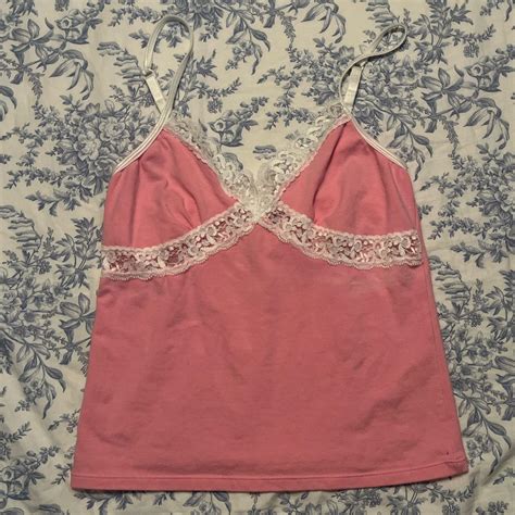 Cute Pink Tank Top With White Lace 2000s Victorias Depop