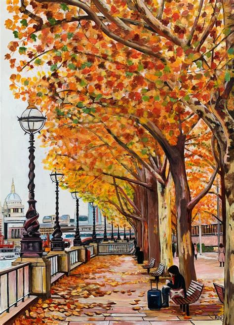 Angela Wakefield Painting Of Victoria Embankment London In Autumn By