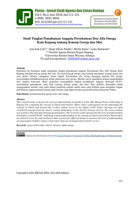 PDF Studi Tingkat Pemahaman Anggota Persekutuan Doa Alfa Omega Kota