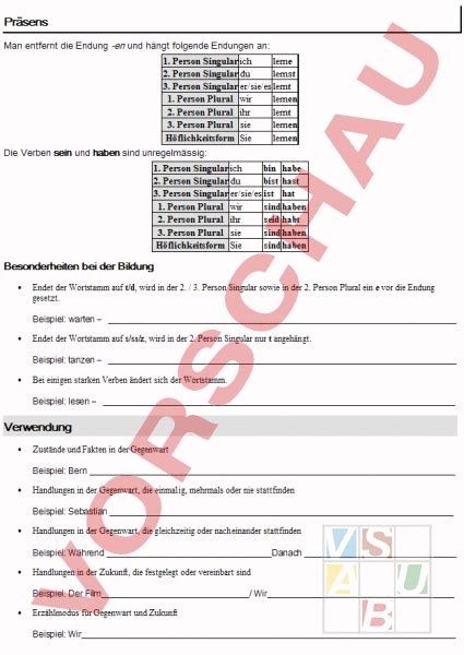 Arbeitsblatt Präsens einfach und umfassend auf 1 A4 Seite Deutsch