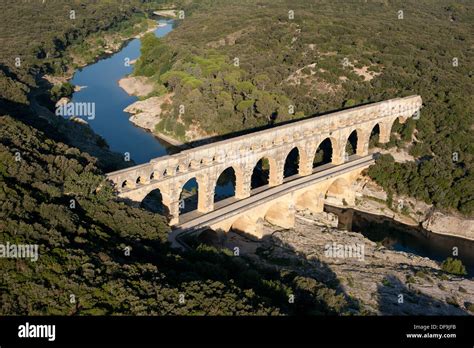 Aerial View Roman Aqueduct Bridge Over The Gard Aka Gardon River On