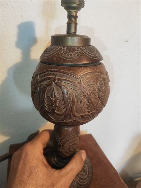 Proantic Carved Coconut Lamp Base Dragons And Naked Woman Folk Art