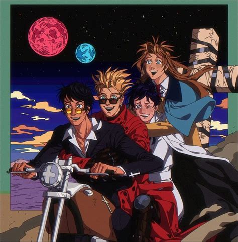 Three People Riding On The Back Of A Motorcycle In Front Of An Image Of