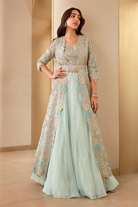 Buy Blue Tissue Hand Embroidered Aari Jacket Open Floral Lehenga Set