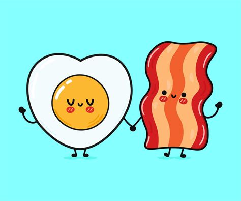 Cute, funny happy bacon and fried eggs. Vector hand drawn cartoon