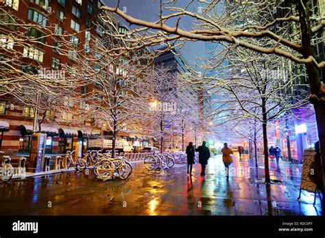 Beautiful New York Street After Massive Snowfall At Winter Night