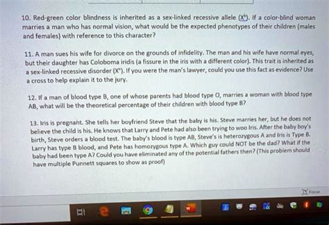 Solved Red Green Color Blindness Is Inherited As Sex Linked Recessive Allele X If A Color