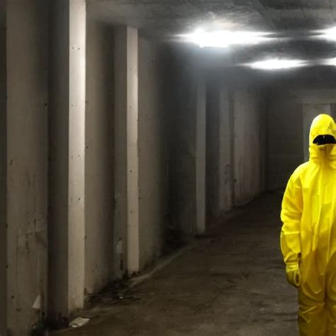 Krea A Man Wearing A Yellow Hazmat Suit Inside The Very Dark Empty