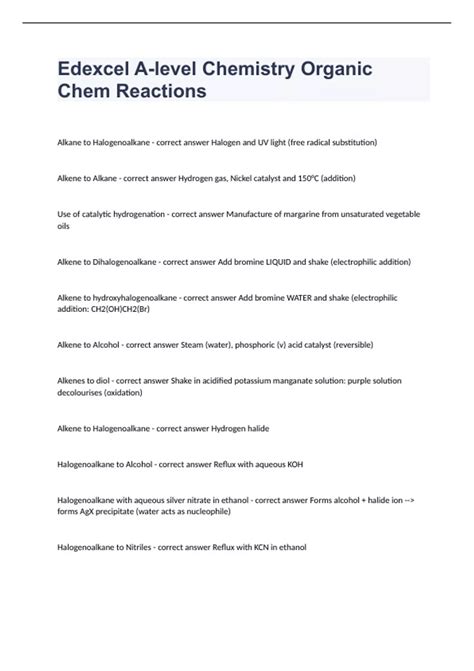 Edexcel A Level Chemistry Organic Chem Reactions Exam Questions And