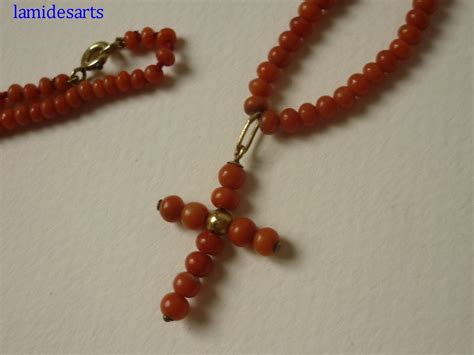 Collier Perles De Corail Rouge Pendentif Croix