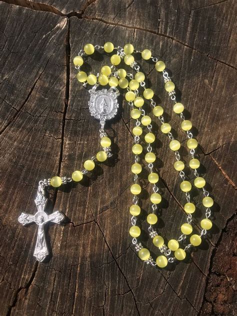 Yellow Catholic Rosary Made With Yellow Cats Eye Beads Miraculous Mary