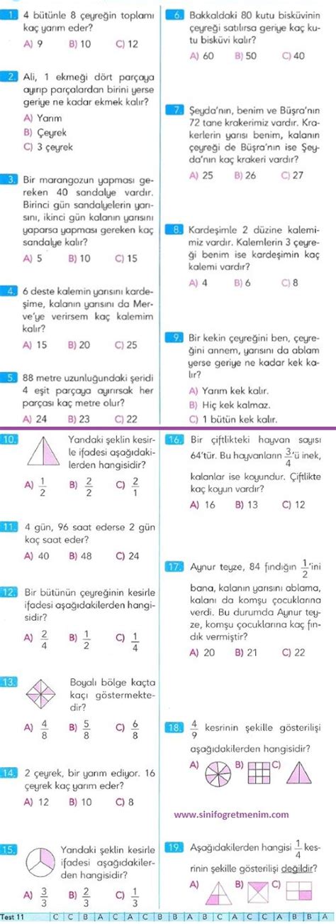 Matematik Problemleri 4 Sınıf Kesirler Sinif 2