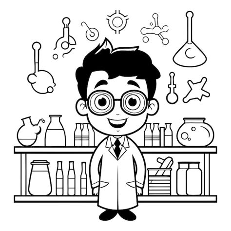 Caricatura de un niño científico con bata de laboratorio y gafas