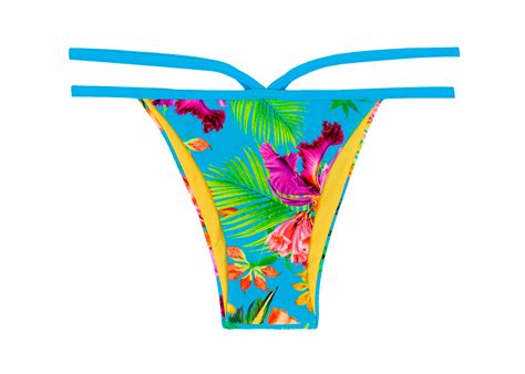 Strappy Brazilian Bikini Bottoms In A Multicoloured Tropical Print Calcinha Tropical Blue Neck