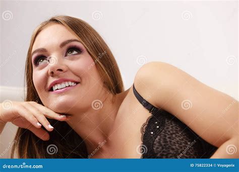 Woman Lying In Black Lace Lingerie On Couch Stock Photo Image Of Thin Body