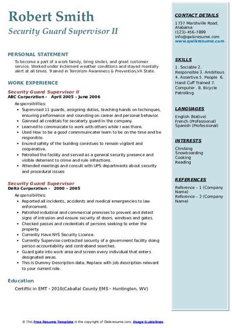 Security Guard Supervisor Resume Samples Qwikresume