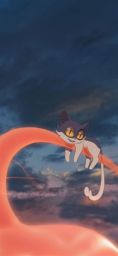An Animated Cat Flying Through The Air With Its Tail Extended And Eyes