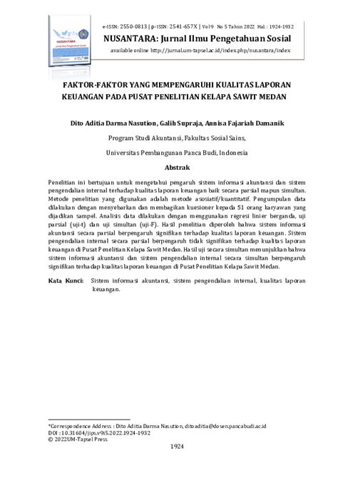 Pdf Faktor Faktor Yang Mempengaruhi Kualitas Laporan Keuangan Pada