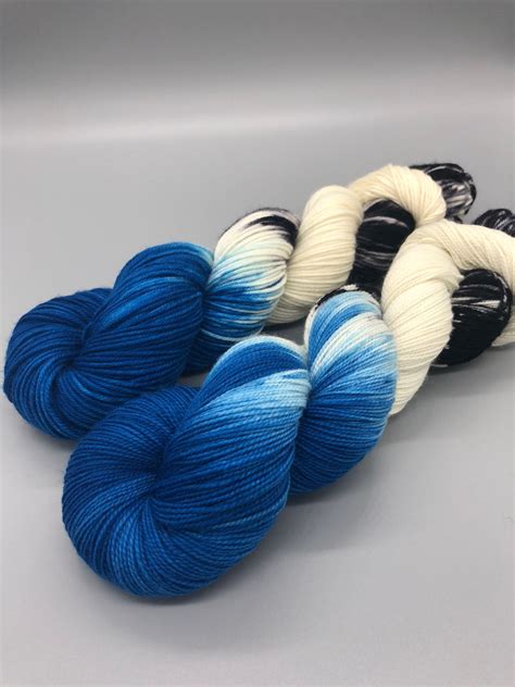 Hand Dyed Yarn Superwash Merino Wool Blue Black White Fingering