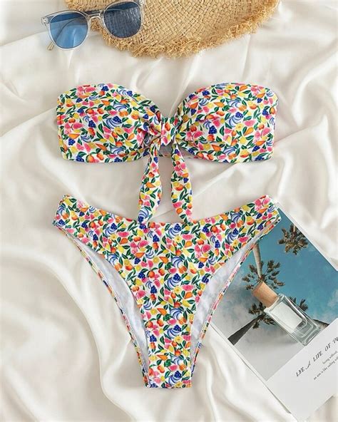 Floral Fruity Bandeau Bikini Set Women S Fashion Swimwear Bikinis Swimsuits On Carousell