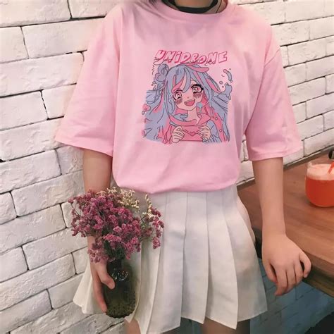 Cute Sweet Vintage Pastel Pink Anime Girl Cartoon Print Short Sleeve