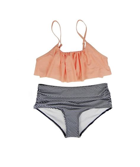 Womens Falbala High Waisted Stripe Bottom Padding Bikini Set Pink Orange Cp D Don