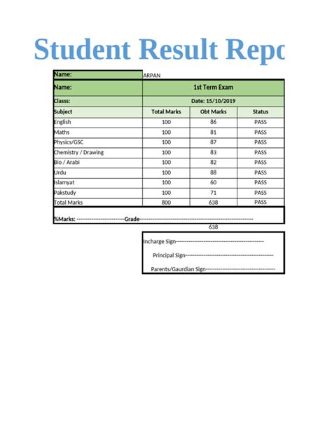 student result report card  ms excel    educational
