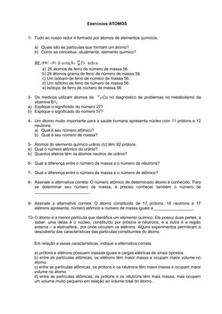Exercícios Átomo - Exercícios átomos | DOC