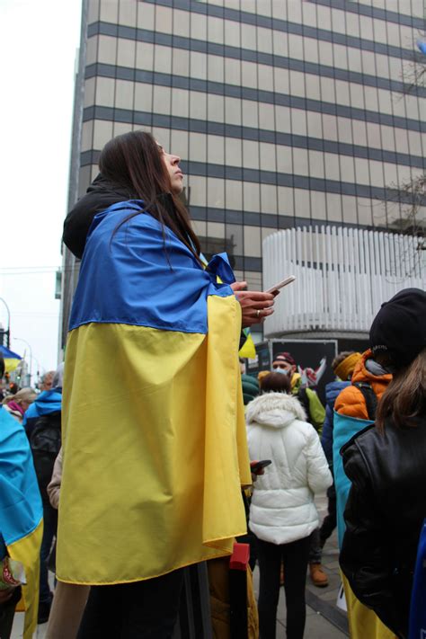 Blue and yellow Ukrainian Flag Waving Above Crowd of PeopleFree