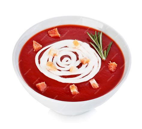 Premium Photo Bowl Of Tomato Soup With Croutons Closeup Isolated On A White Background