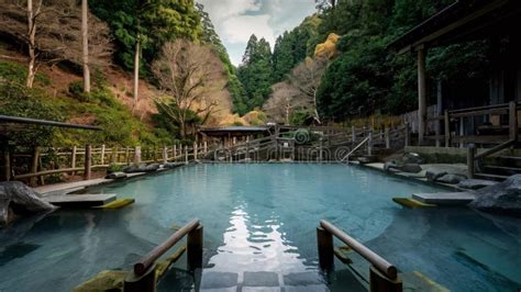 Ai Generated Onsen Traditional Japanese Hot Prings Outdoor Landscape Calm Stock Illustration