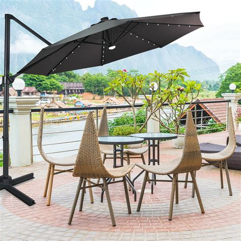 Gymax 10ft Solar LED Cantilever Offset Patio Umbrella 360 Rotation