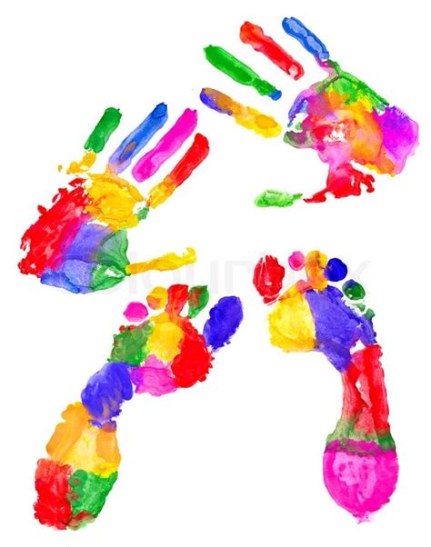 Two Colored Handprint And Two Colored Footprint On White Stock Photo