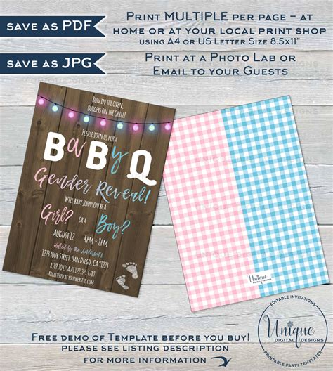 Rustic Babyq Gender Reveal Invitation Editable He Or She Bbq Pink Or