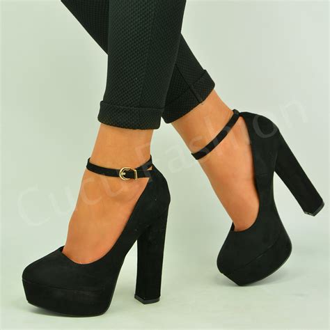 New Womens Ladies Block High Heel Pumps Ankle Strap Sandals Shoes Size ...