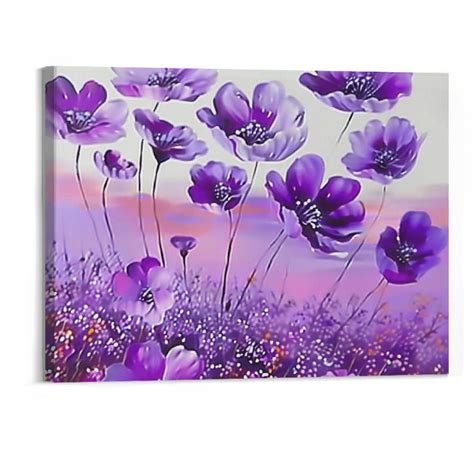 Bciig Flowers Wall Art Canvas Pictures Purple Wildflowers Black And