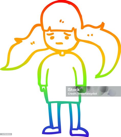 Rainbow Gradient Line Drawing Of A Cartoon Girl With Long Hair Stock Illustration Download