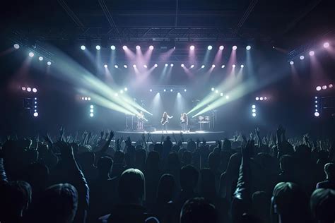 Future of crowded concert hall on stage with scene stage lights, rock