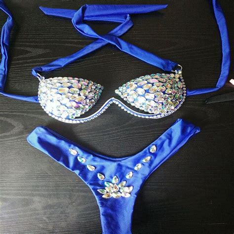 Shiny Big Gems Rhinestones Push Up Bra High Cut Panty Bikini Set Xookool