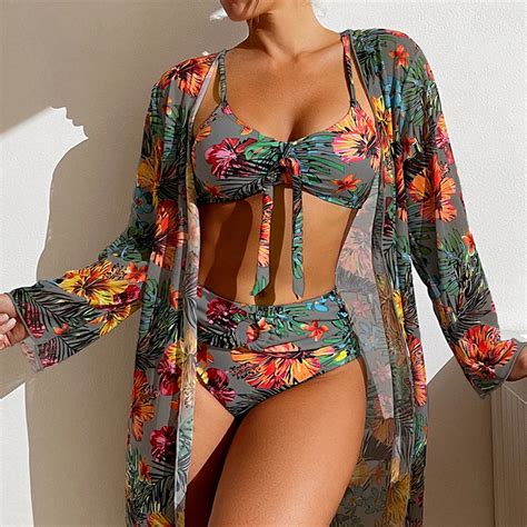 Kad N Beachwear Par A Set Push Up Bikini Uzun Kollu Rg Smock Gri Mavi