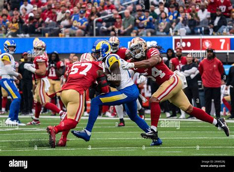 Los Angeles Rams Wide Receiver Van Jefferson Is Tackled By San