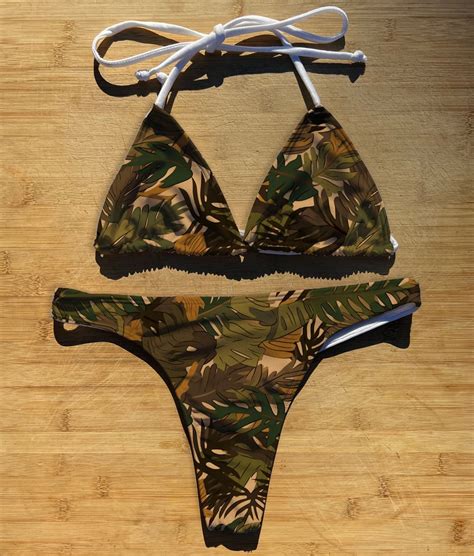 Swimwear Bikini Or Piece Set Forest Leaves Camo Thong Cheeky Full Coverage Triangle