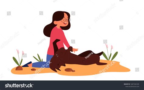 Little Girl Play Her Dog Happy Stock Vector Royalty Free 1687346185