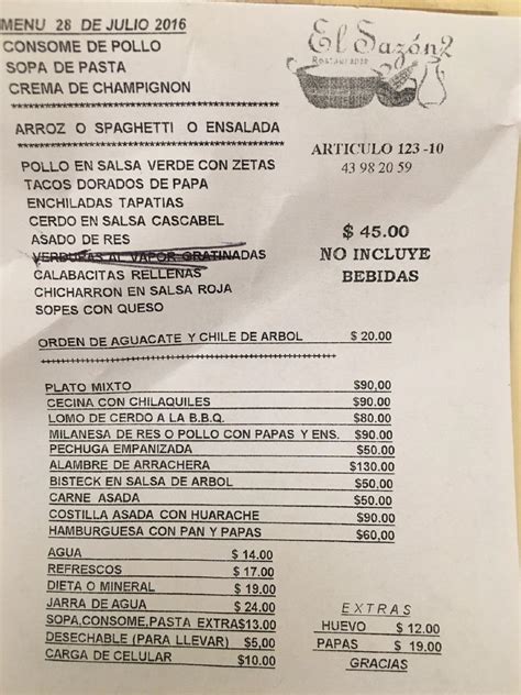 Carta del restaurante El Sazón Ciudad del México de