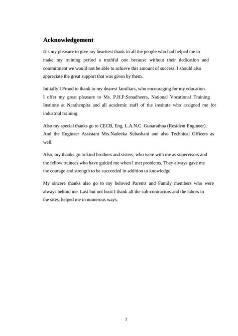 Student Acknowledgement For Industrial Training Report Sample Preface