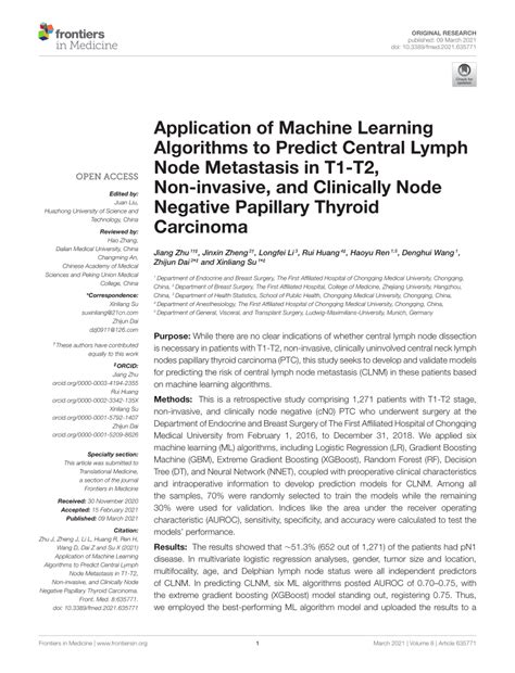 Pdf Application Of Machine Learning Algorithms To Predict Central Lymph Node Metastasis In T1