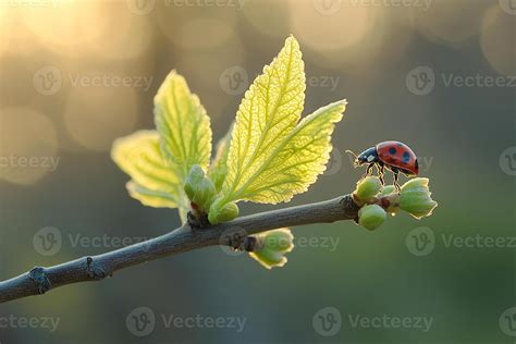 A small red ladybug crawls on young tree leaves in spring. Macro photo