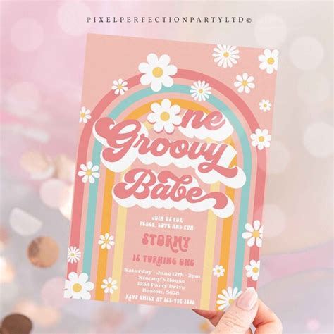 Editable One Groovy Babe Birthday Party Invitation Groovy One Birthday Groovy Rainbow Party