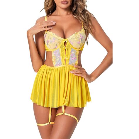Mo Finance WDIRARA Women S Floral Embroidery Mesh Split Cut Out Babydoll Lingerie Slip